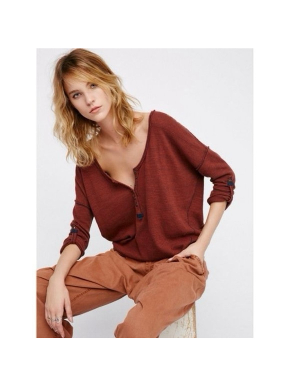 Free People We The Free Beach Haven Henley Long Sleeve Top Boho Slouchy Oversize